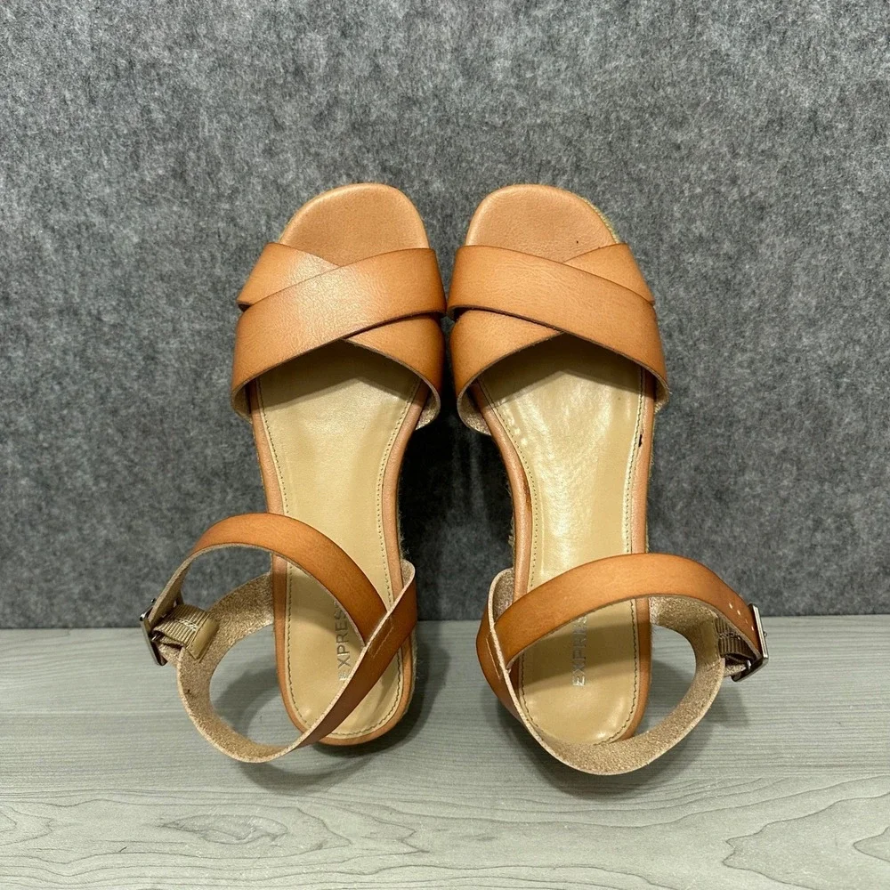 EXPRESS Women Tan‎ Leather Espadrille Platform Wedge Sandals Size 9